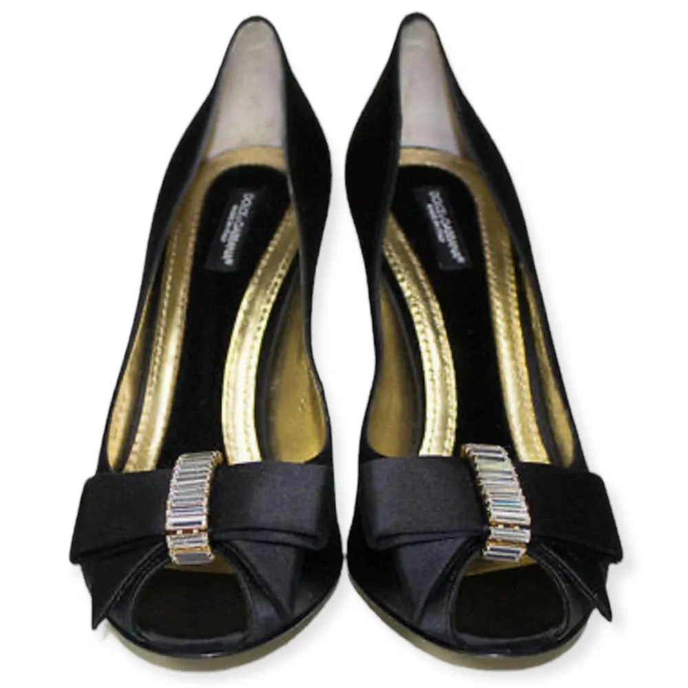 DOLCE & GABBANA Peep Toe Pumps Silk Bow Crystal Embellishments EUC